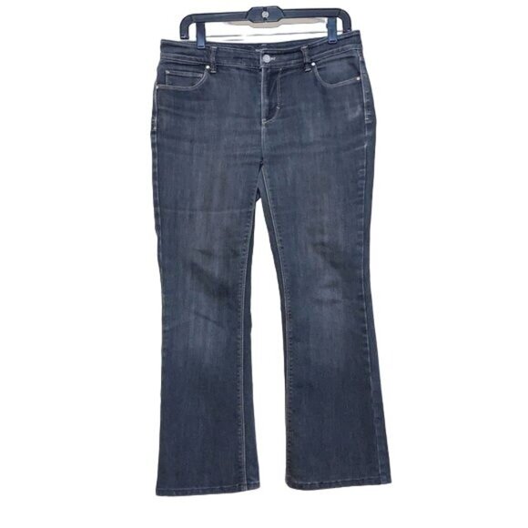 WHBM Blanc Women's Boot Leg Mid Rise Dark Wash Stretch Black Denim Jeans Size 8S - Picture 1 of 9
